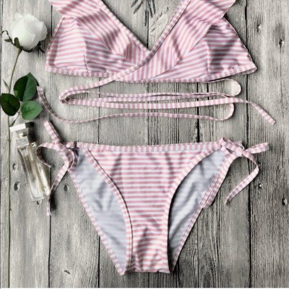 Pink stripe ruffle tie around bikini - Picture 2 of 2